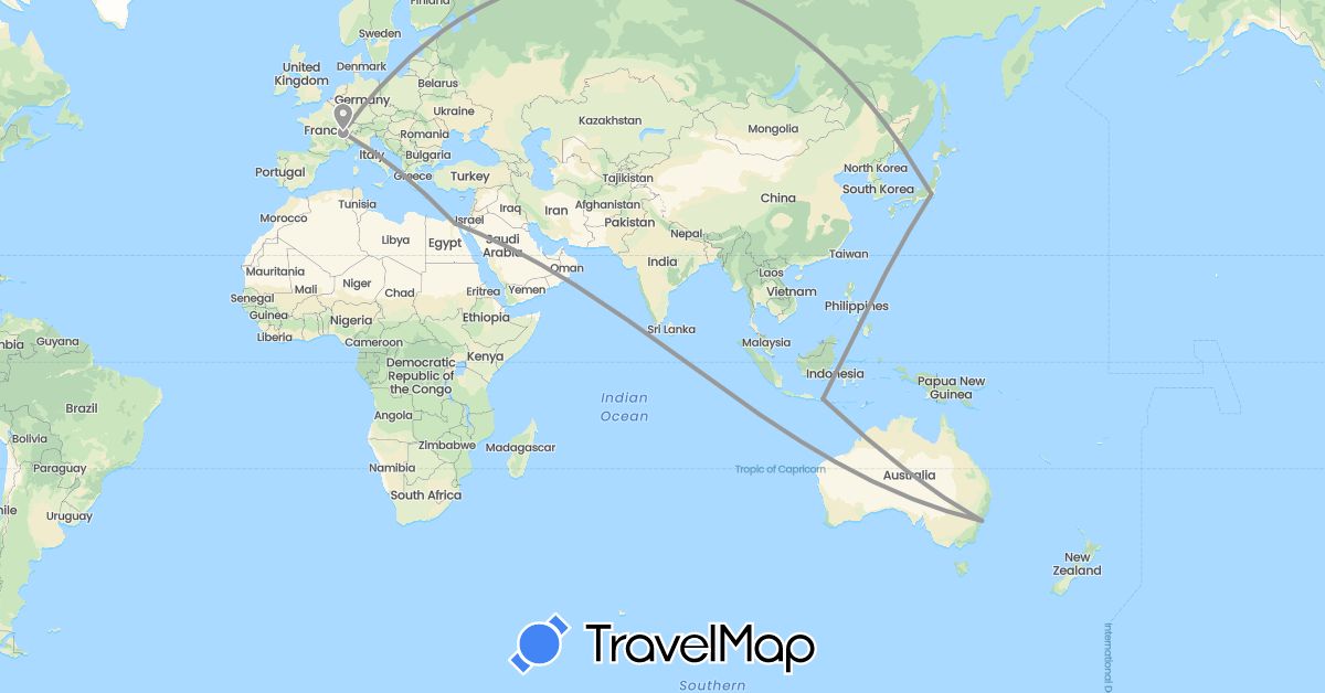 TravelMap itinerary: driving, plane in Australia, Switzerland, Egypt, Indonesia, Japan (Africa, Asia, Europe, Oceania)